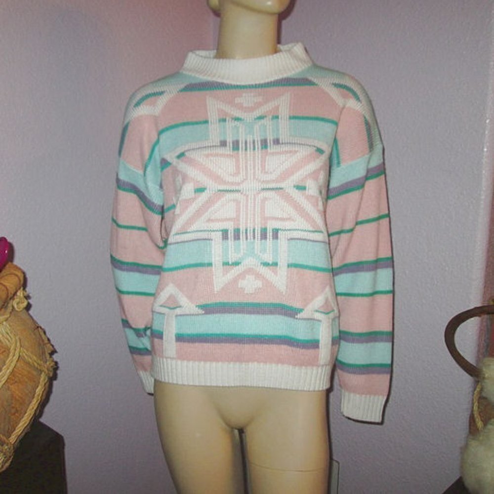 Vtg 90s Pastel Rainbow Stripe Sweater Size L Pullover 3D Knit Fairy Kei Twee Ski
